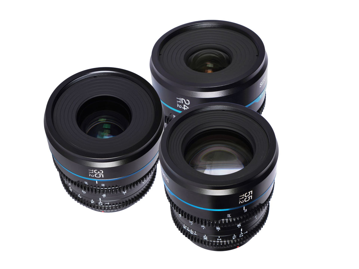 Sirui Night Walker 24mm, 35mm and 55mm T1.2 cine lenses, angled view from above
