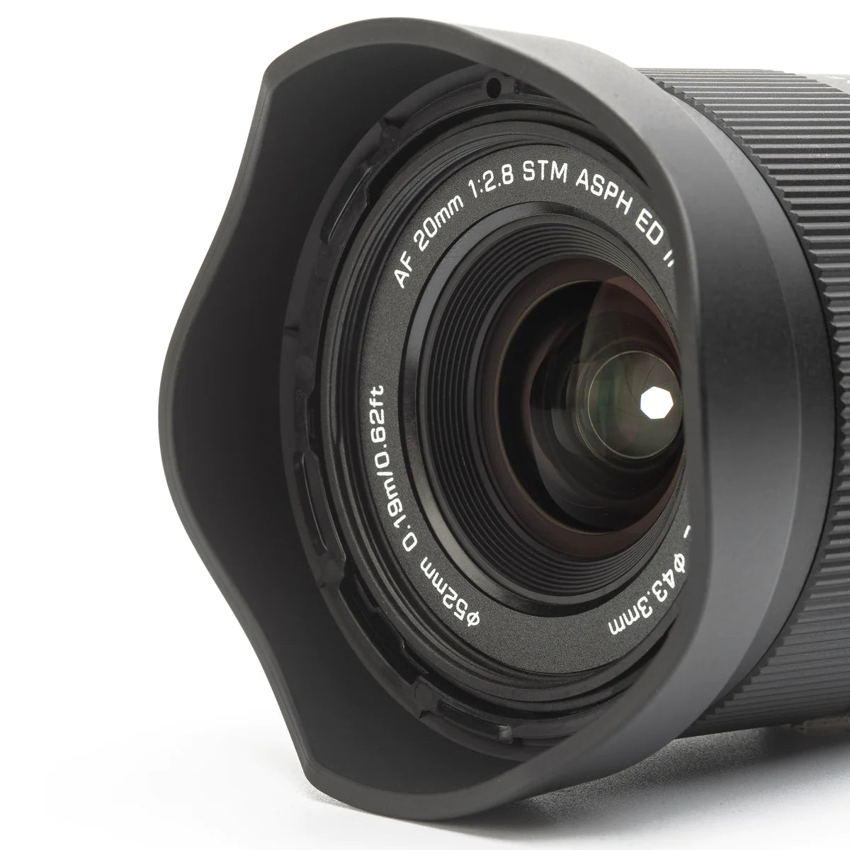 Viltrox AF 20mm f/2.8 lens with petal hood, close-up of the front element