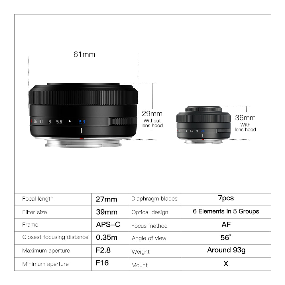 TTArtisan AF 27mm f/2.8 dimensions and specifications, about 93g