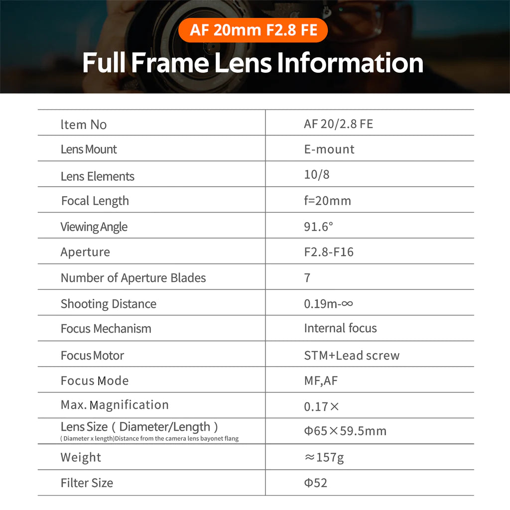 Viltrox AF 20mm f/2.8 FE specifications: Sony E-mount, 10 elements in 8 groups, 157g