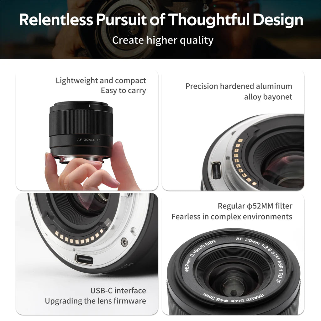 Viltrox AF 20mm f/2.8 design details: compact body, metal mount, USB-C and 52mm filter
