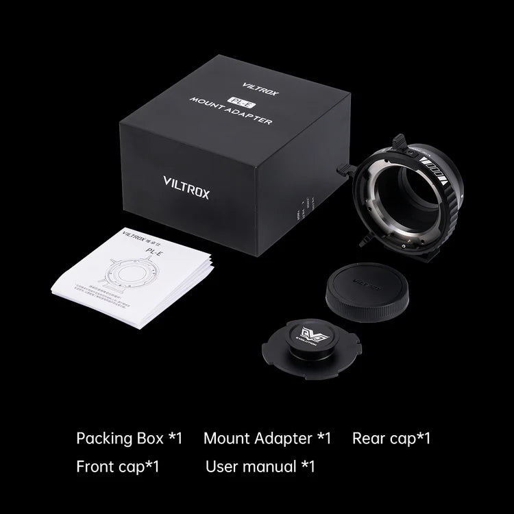 Viltrox Z-Move PL-E mount adapter box contents: adapter, caps and manual
