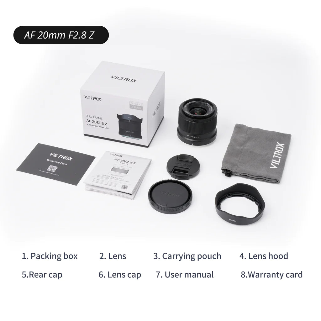 Viltrox AF 20mm f/2.8 Z box contents: lens, hood, pouch, caps, manual and warranty card