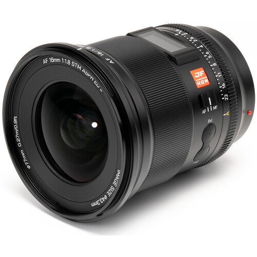 Viltrox AF 16mm f/1.8 STM full-frame wide-angle lens, front three-quarter view
