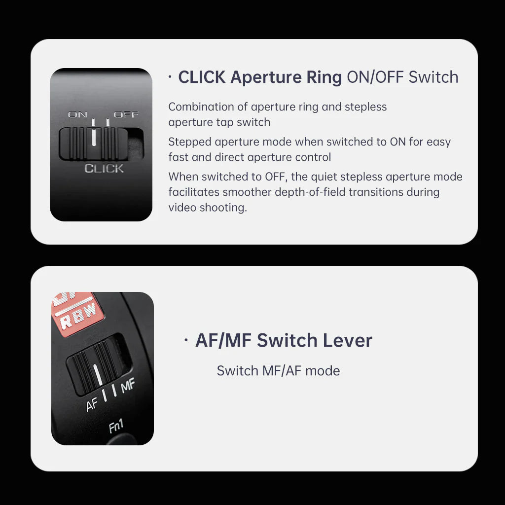 Viltrox AF 16mm f/1.8 aperture click on/off switch and AF/MF switch close-up