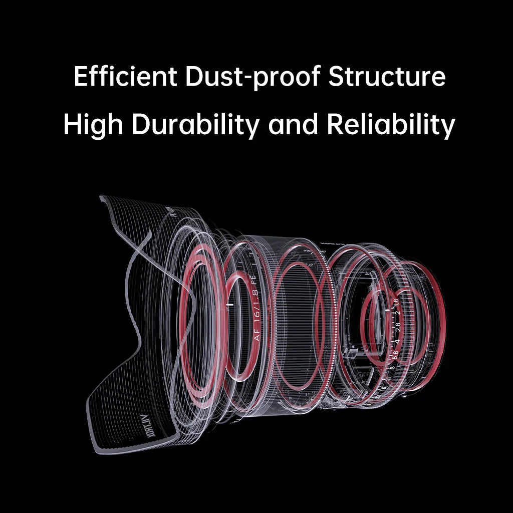Viltrox AF 16mm f/1.8 dust-resistant seals, see-through view of the lens