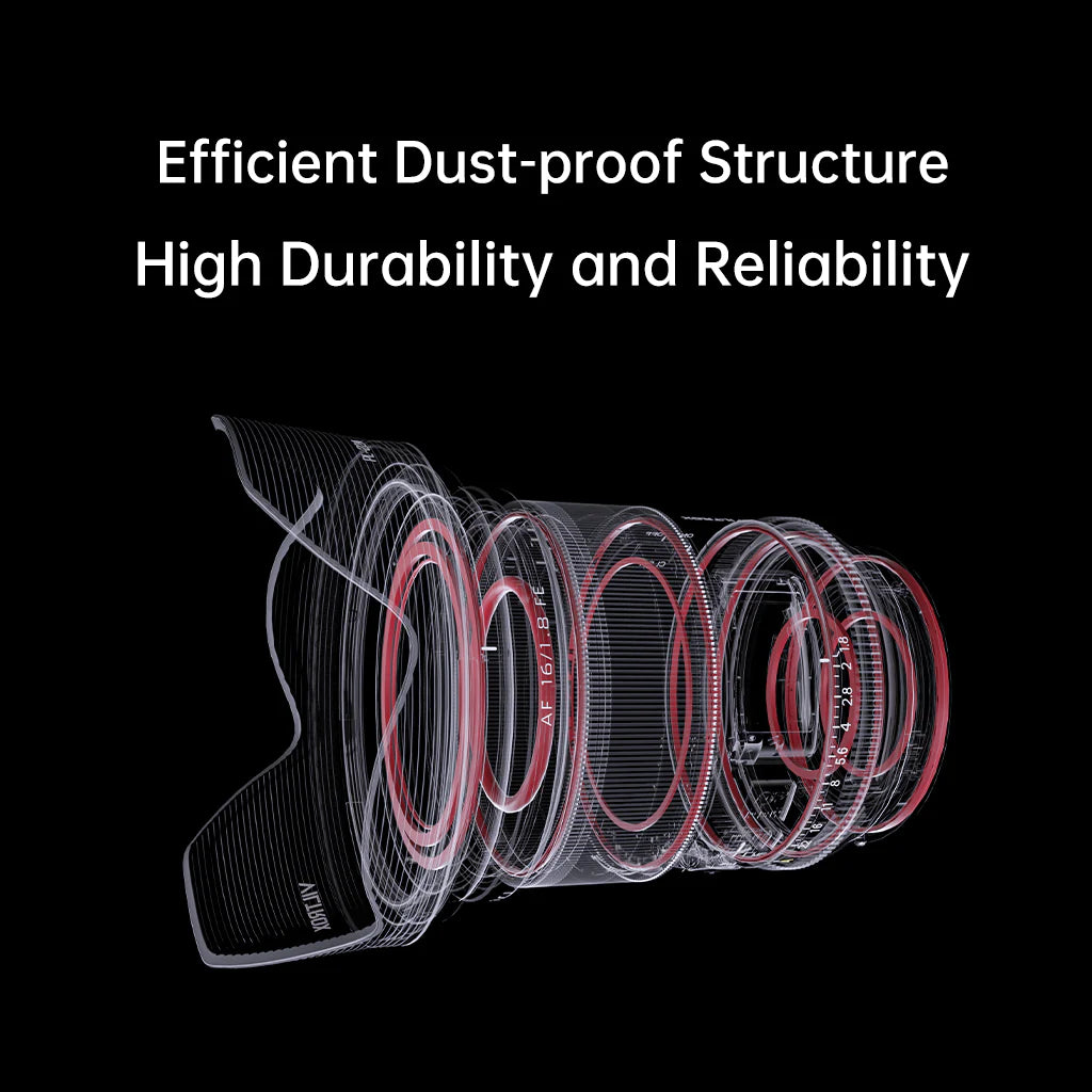 Viltrox AF 16mm f/1.8 FE dust-resistant seals, see-through view of the lens
