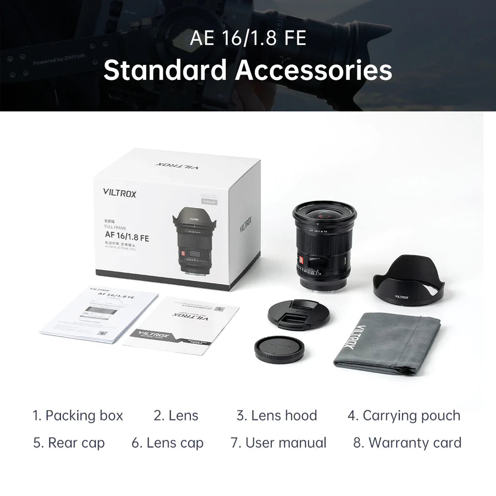 Viltrox AF 16mm f/1.8 box contents: lens, hood, pouch, caps, manual and warranty card