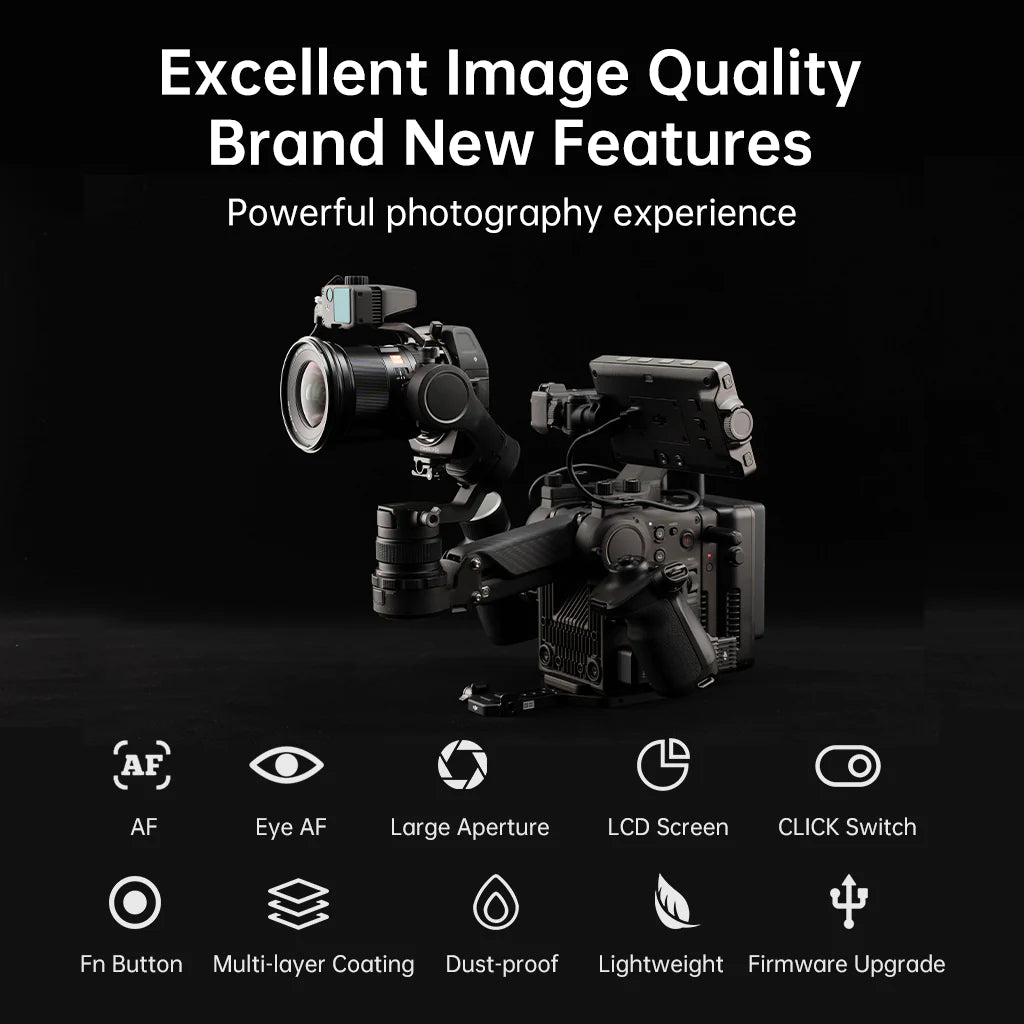 Viltrox AF 16mm f/1.8 FE on a Sony camera and gimbal, with eye AF, LCD and click switch features