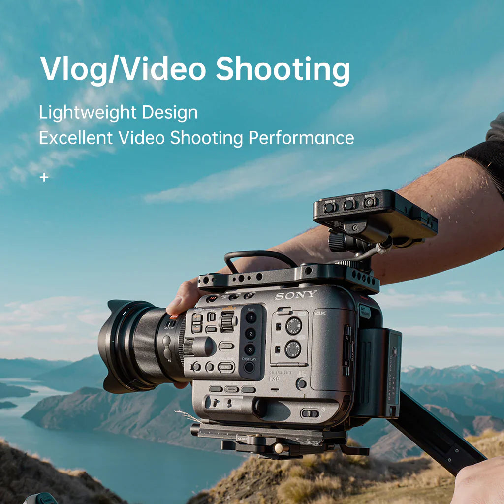 Viltrox AF 16mm f/1.8 on a cinema camera for vlog and video shooting by a lake