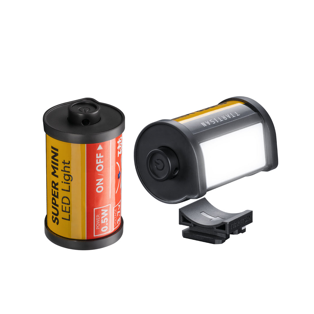 TTArtisan super mini LED light shaped like a film canister, with hot shoe mount