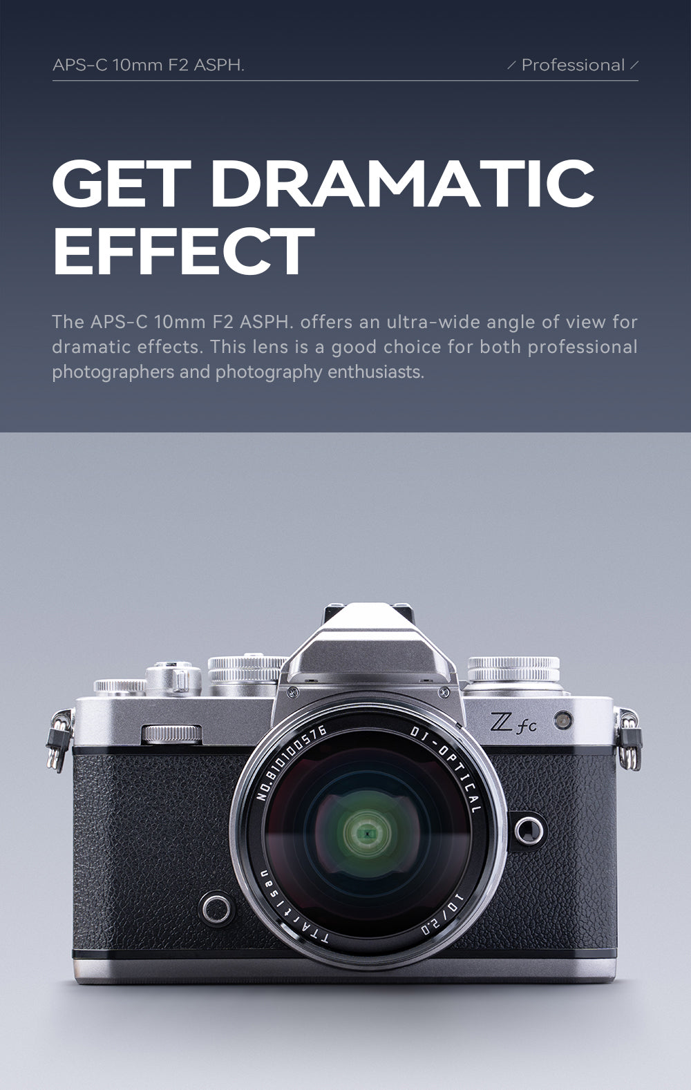 TTArtisan 10mm f/2 on a silver Nikon Z fc, front view