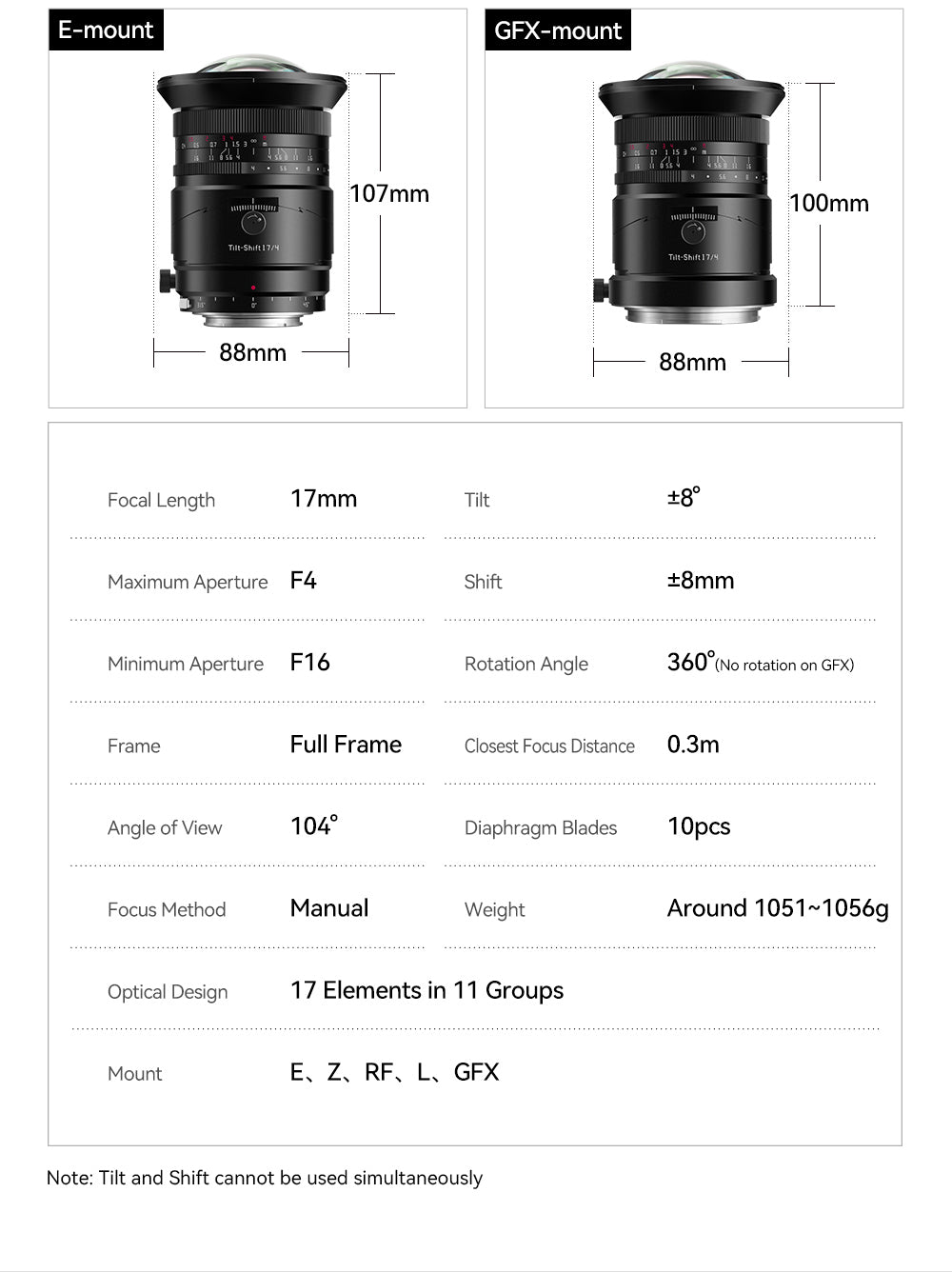 TTArtisan 17mm f/4 tilt-shift dimensions and specifications for E and GFX mounts