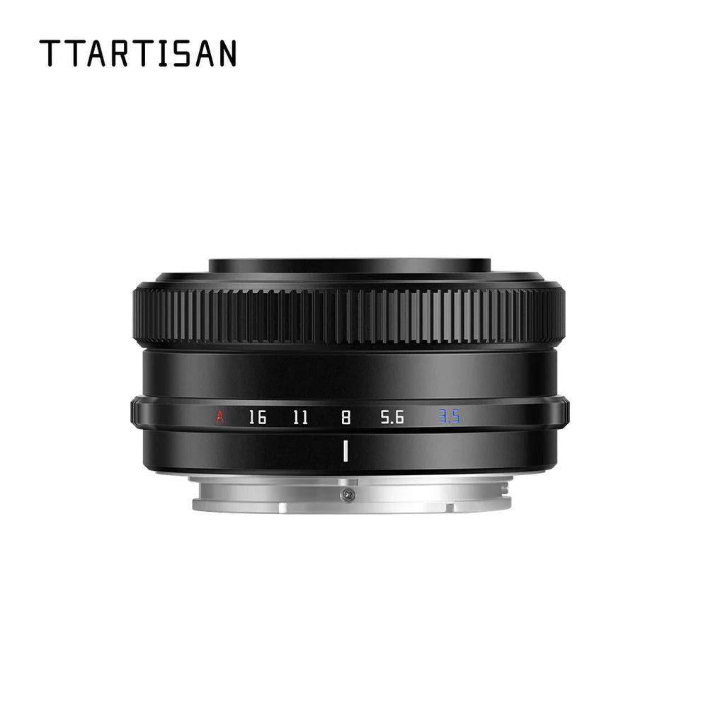 TTArtisan AF 14mm f/3.5 APS-C pancake autofocus lens in black, side view