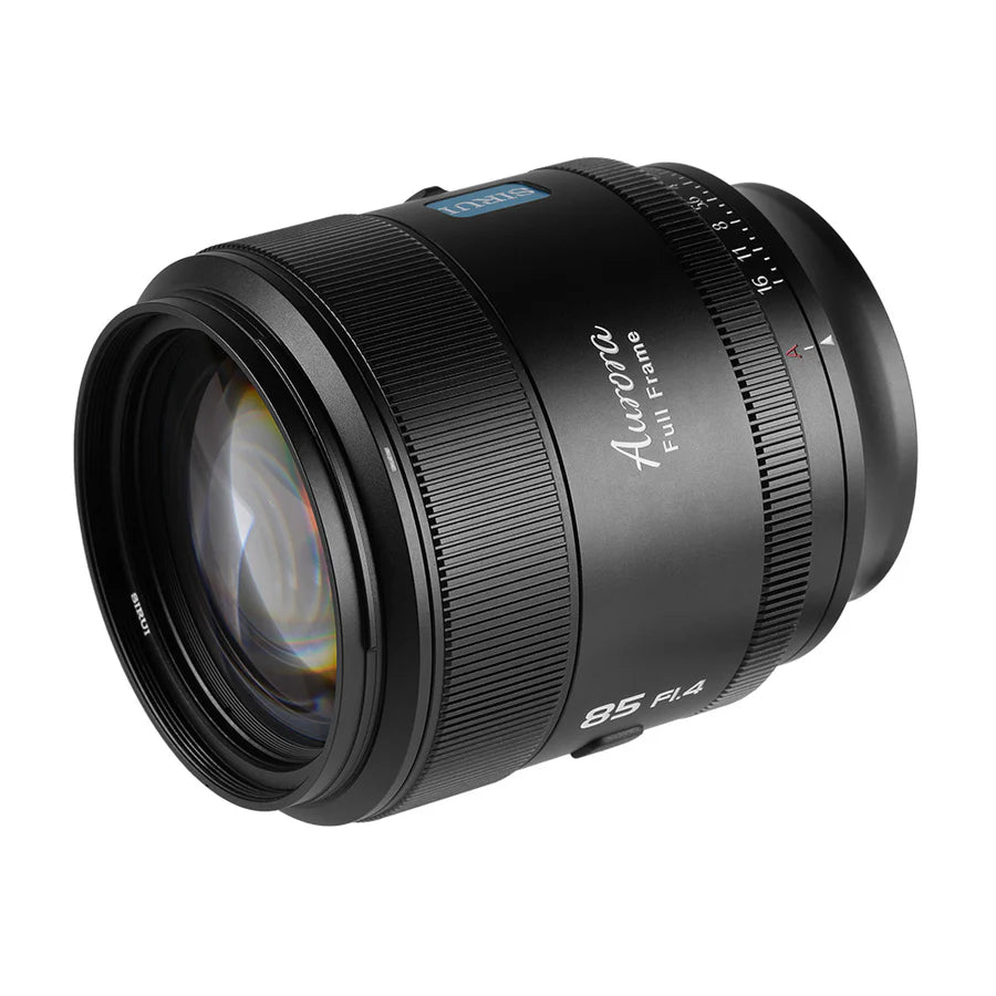 Sirui Aurora 85mm f/1.4 full-frame portrait lens, angled view of the front element