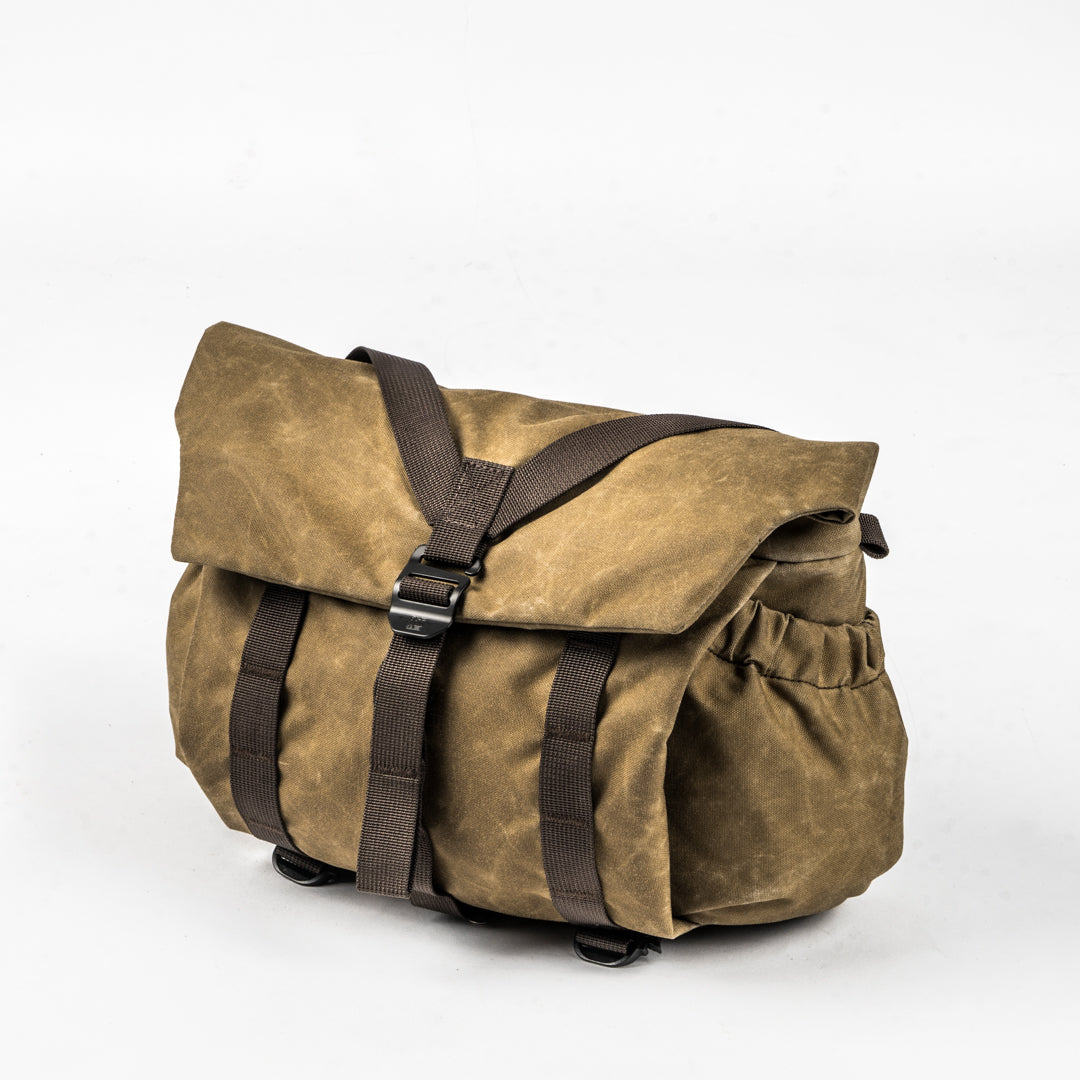 Wotancraft Pilot 7L travel camera bag in khaki brown waxed canvas, front view