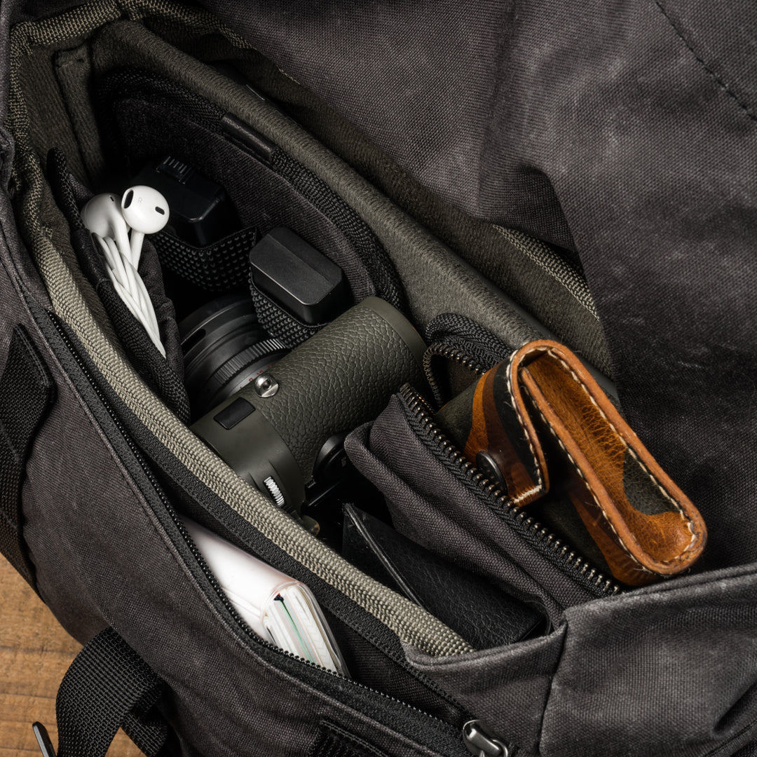 Wotancraft Pilot 7L charcoal bag inner compartment with camera, earphones and wallet