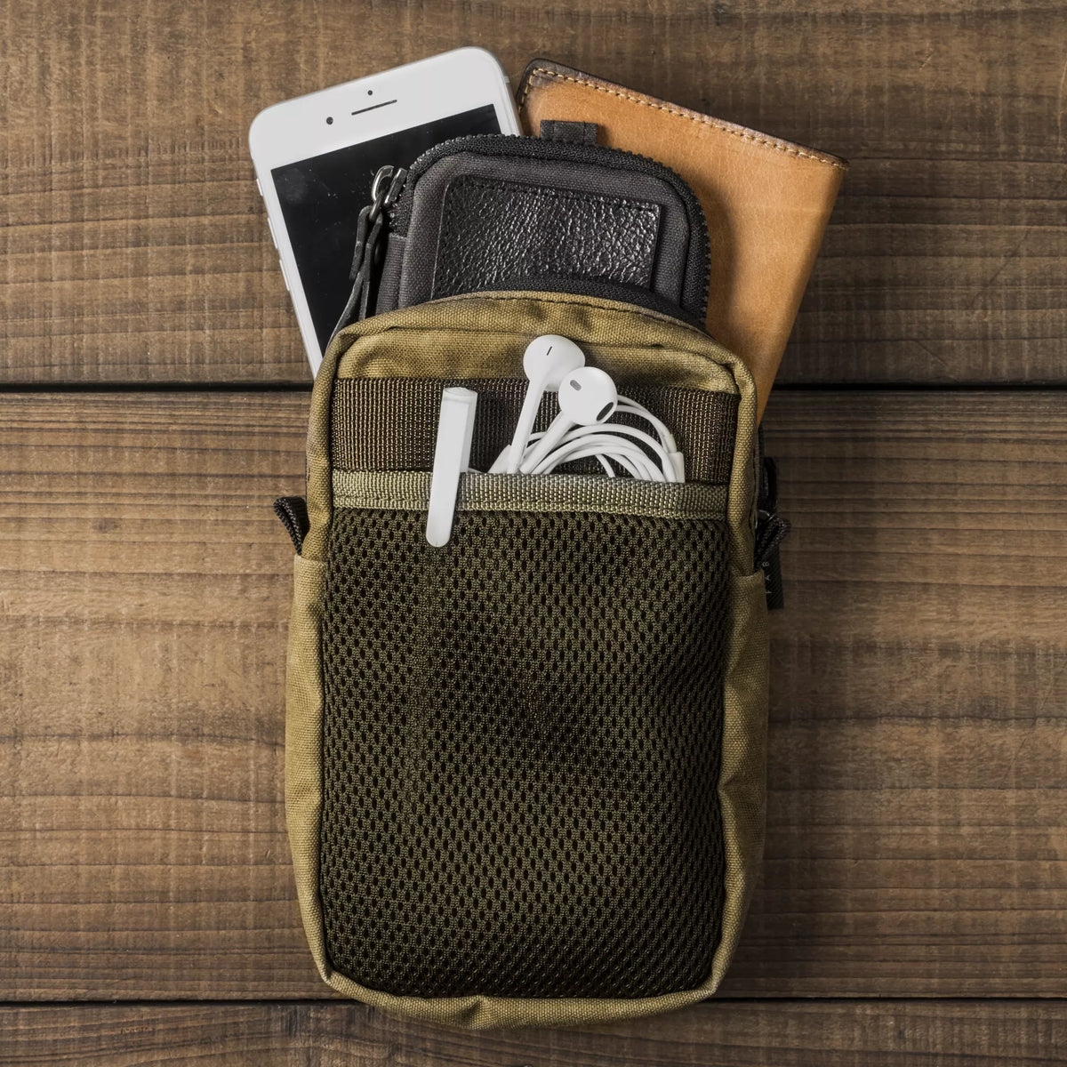Wotancraft Armor 9 khaki pouch with phone, wallet, earphones and pen