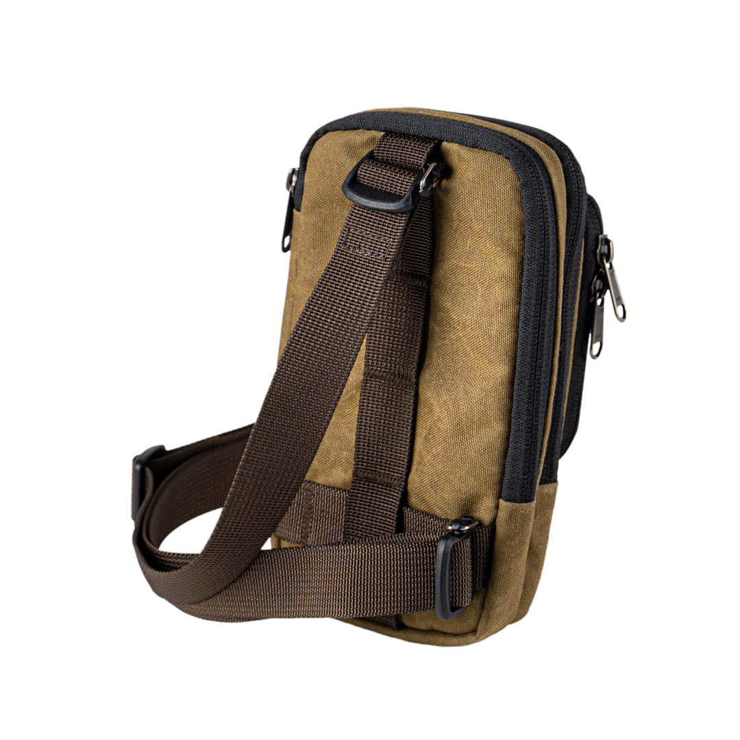 Wotancraft khaki zipper pouch, rear view with shoulder strap