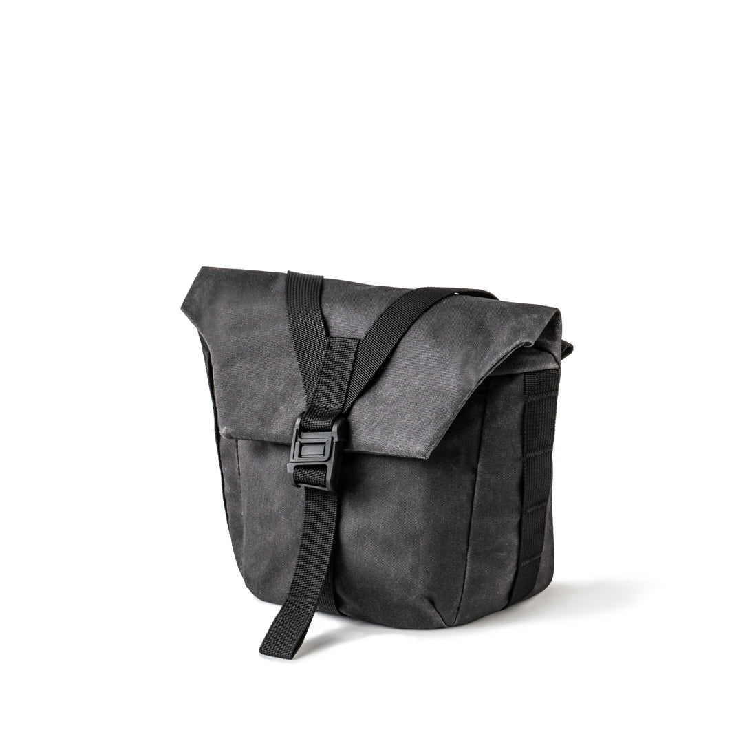 Wotancraft Pilot 3.5L camera bag in black waxed canvas, front view