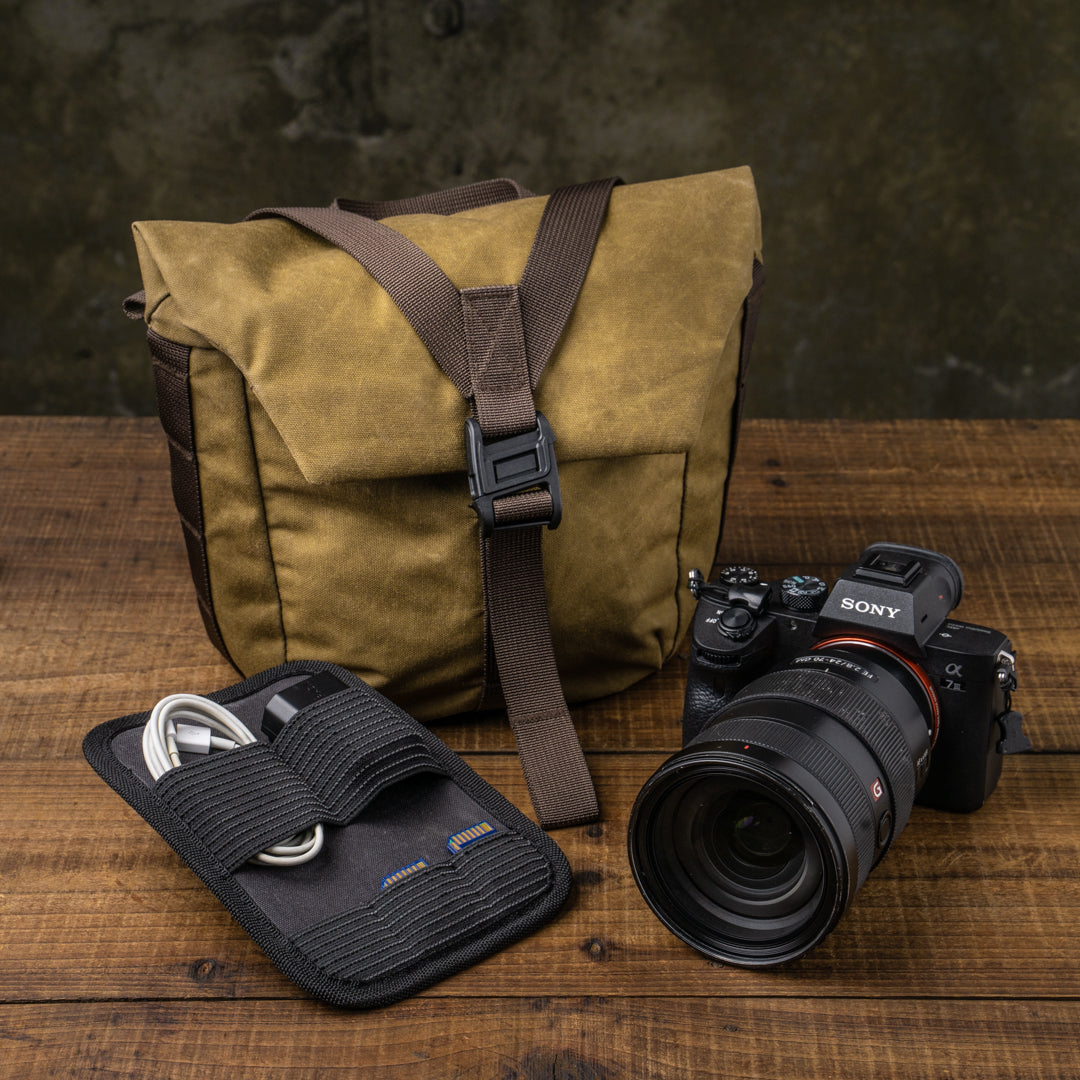 Wotancraft Pilot 3.5L khaki bag with Sony camera and cable organiser