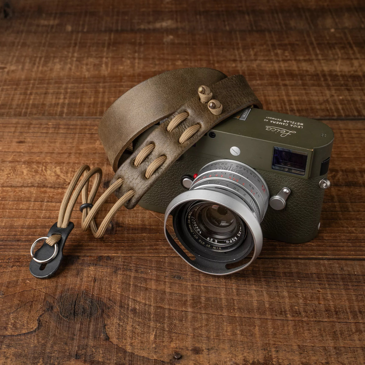 Wotancraft Parashooter Style 7 olive strap on an olive Leica M with silver lens