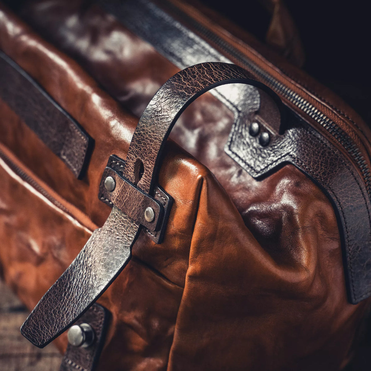Wotancraft Night Rider brown leather strap and rivets close-up