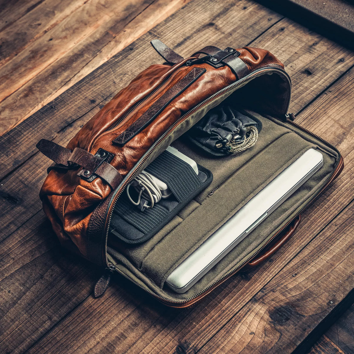 Wotancraft Lightning Rider brown leather bag open with laptop sleeve and organiser
