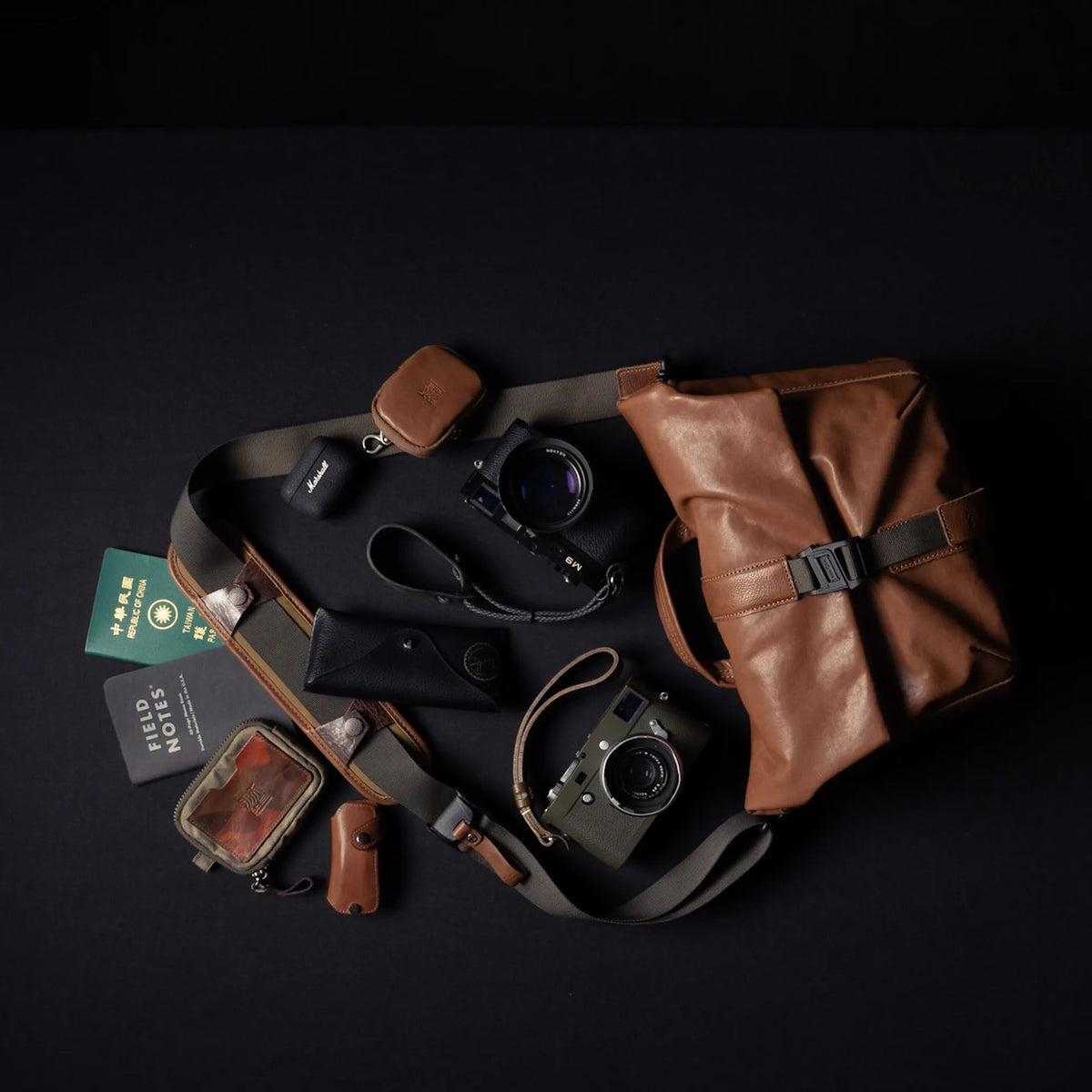 Wotancraft Pilot brown leather bag with Leica cameras, passport and accessories laid out