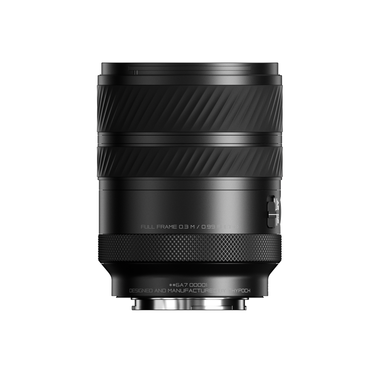 Thypoch Voyager 24-50mm f/2.8 Sony E lens, rear side view with full frame markings