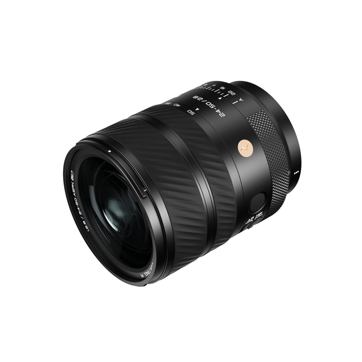 Thypoch Voyager 24-50mm f/2.8 Sony E lens, angled view of aperture ring and focus button