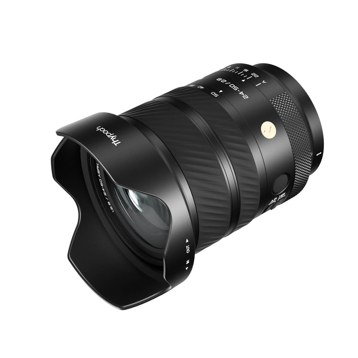 Thypoch Voyager 24-50mm f/2.8 Sony E zoom lens with petal lens hood fitted
