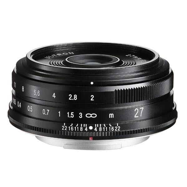 Voigtlander Ultron 27mm f/2 pancake lens for Fujifilm X-mount in black, front view