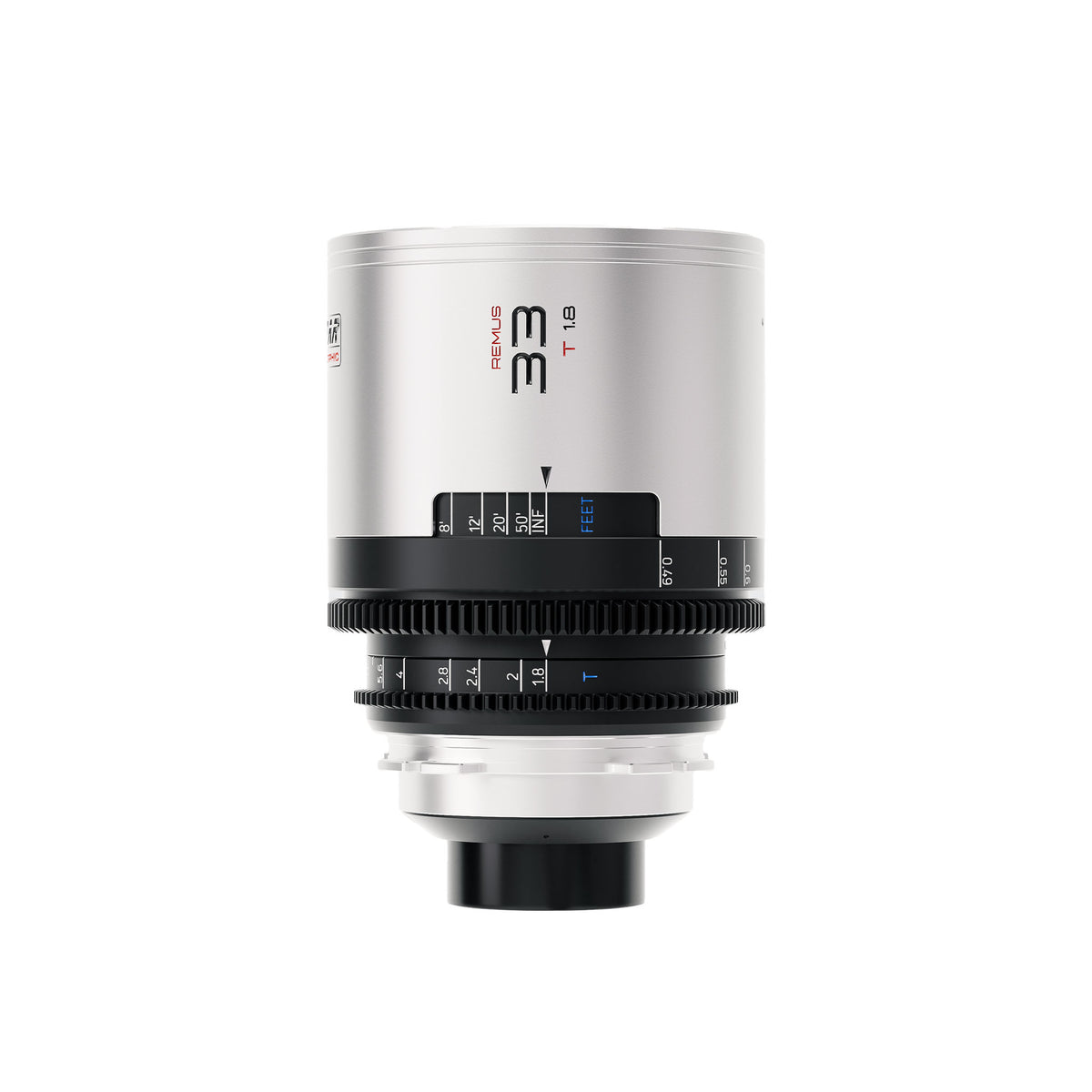 Blazar Remus 33mm T1.8 1.5x full-frame anamorphic cine lens with silver flare, front view