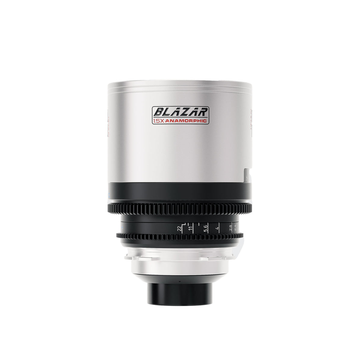 Blazar Remus 33mm 1.5x anamorphic cine lens with Blazar logo and iris gear