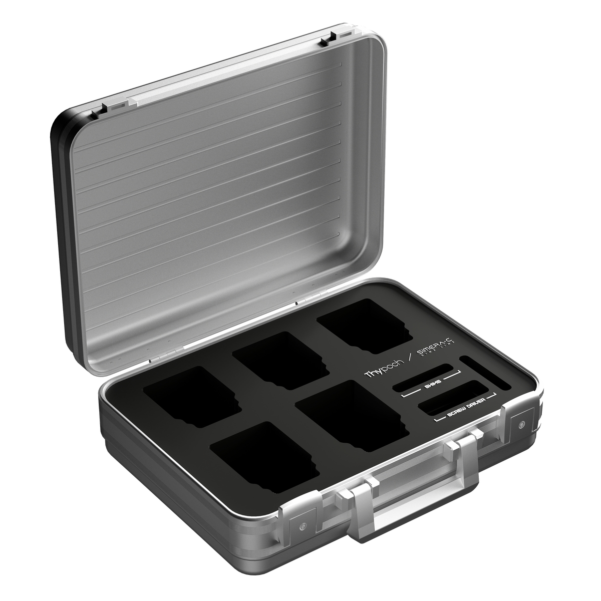 Thypoch Simera-C aluminium lens case, open and empty with foam cut-outs