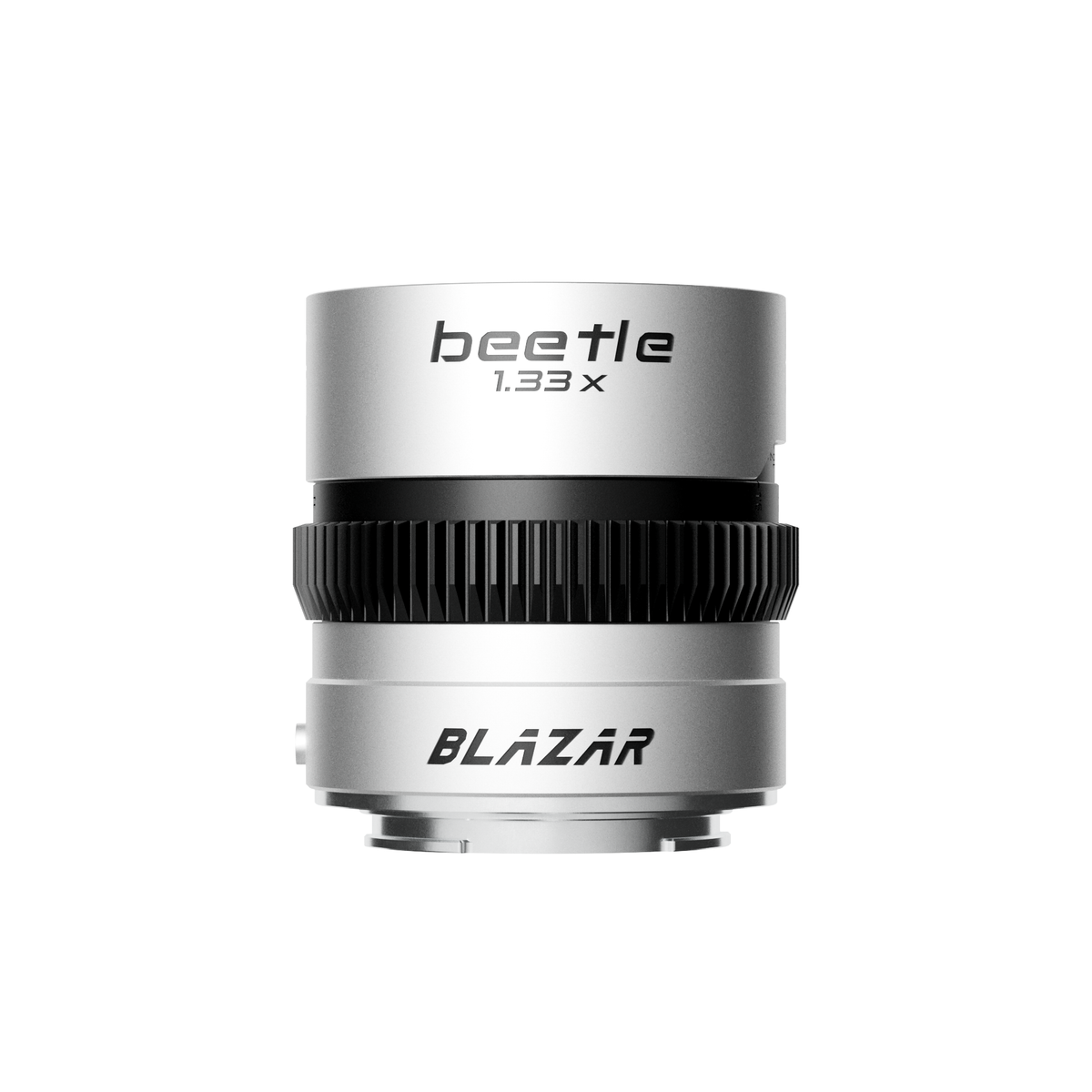 Blazar Beetle 1.33x anamorphic lens in silver with gear ring, rear view