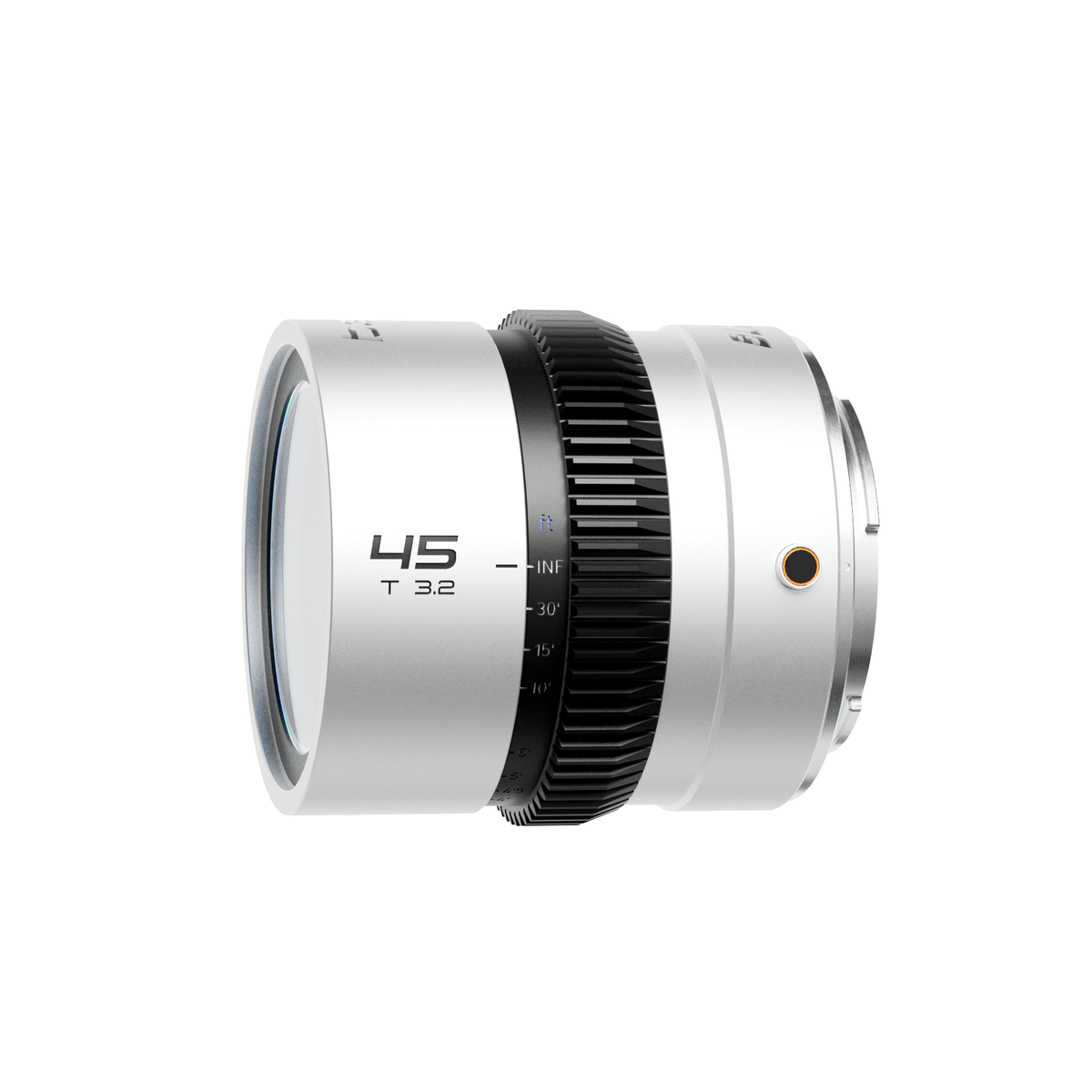 Blazar Beetle 45mm T3.2 silver anamorphic lens, angled view with front element