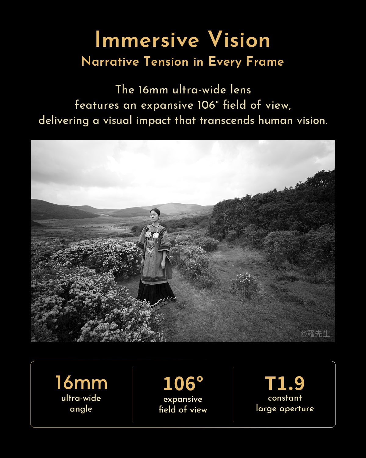 Woman in traditional dress on a hillside, 106 degree view from the Thypoch Simera-C 16mm