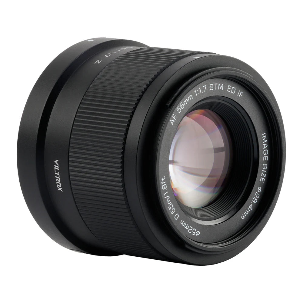 Viltrox Air AF 56mm f/1.7 STM APS-C lens, angled view of the front element