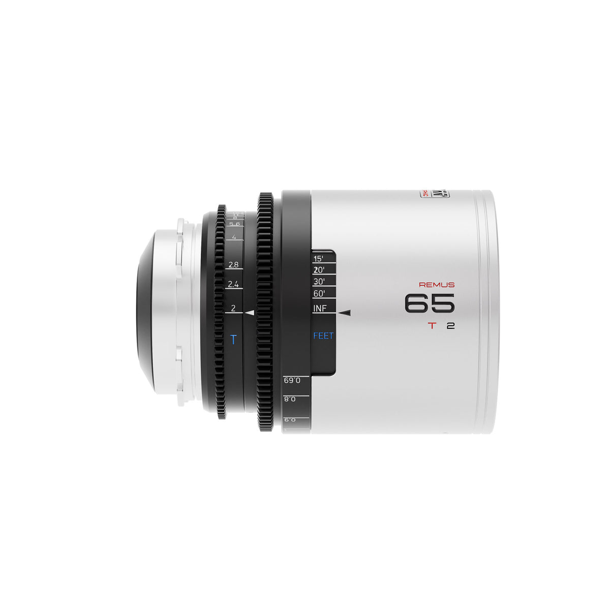 Blazar Remus 65mm T2 anamorphic lens, side view with feet scale