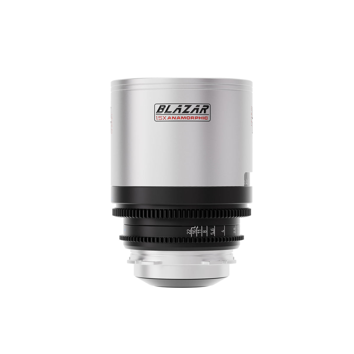 Blazar 1.5x anamorphic lens in silver with logo, front view