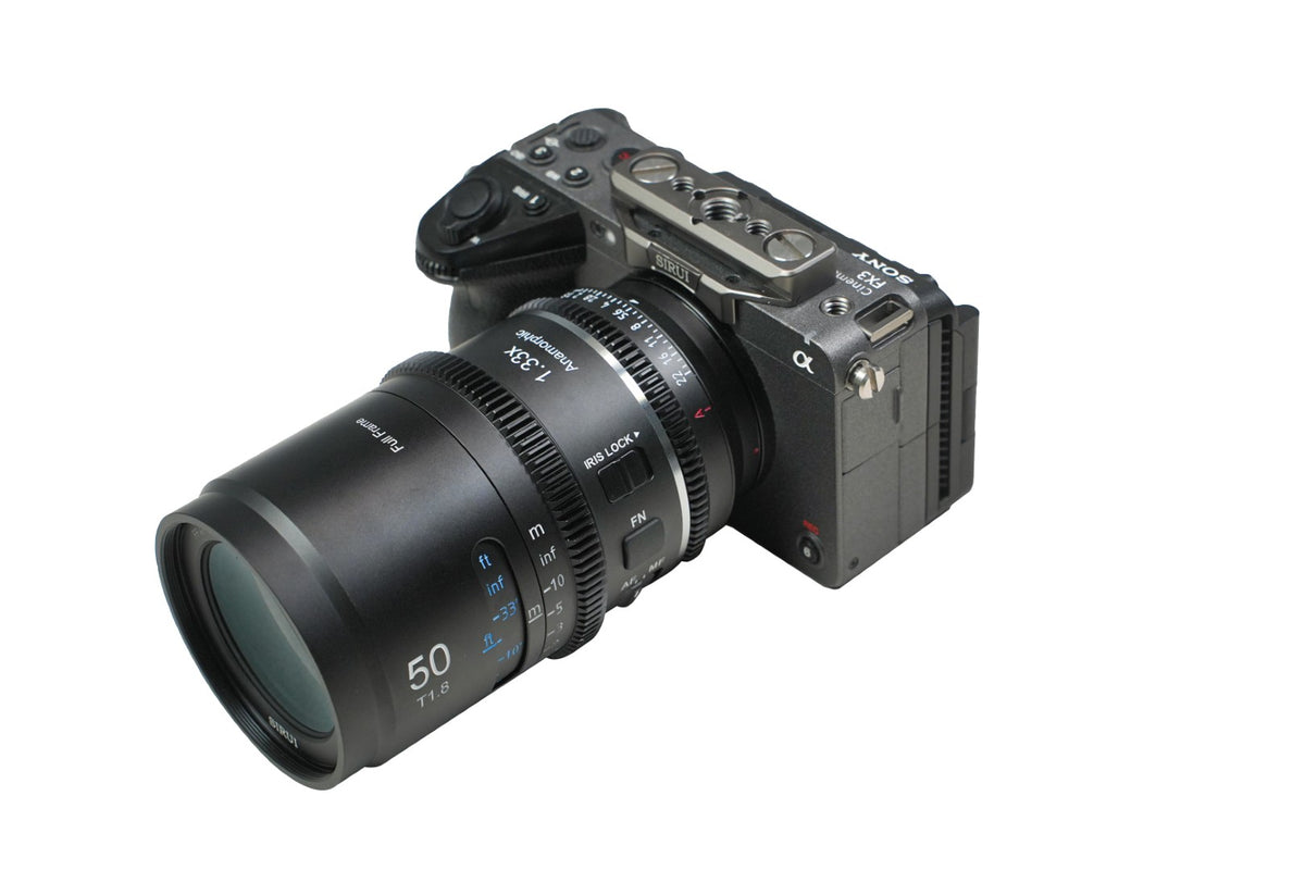 Sirui Astra 50mm T1.8 1.33x anamorphic lens mounted on a Sony FX3 camera