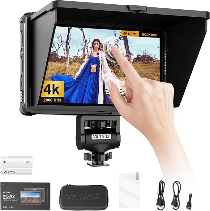 Viltrox DC-X 6 inch 2000 nit touchscreen monitor with sunshade, accessories shown below