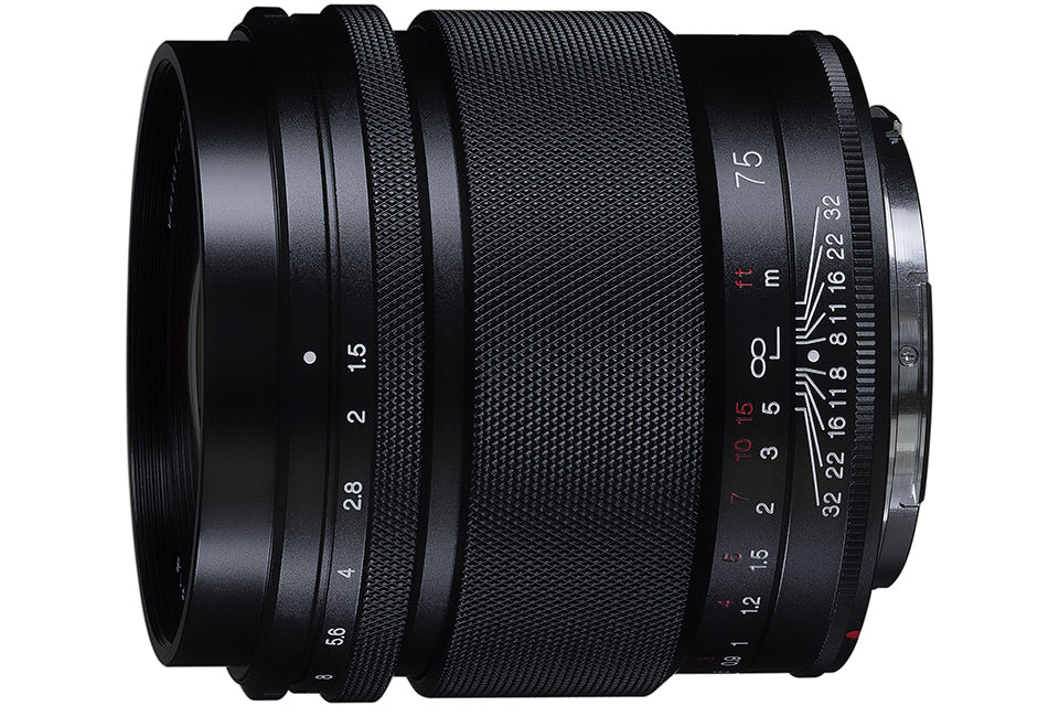 Voigtlander Nokton 75mm f/1.5 Asph lens, side view with focus and depth of field scales