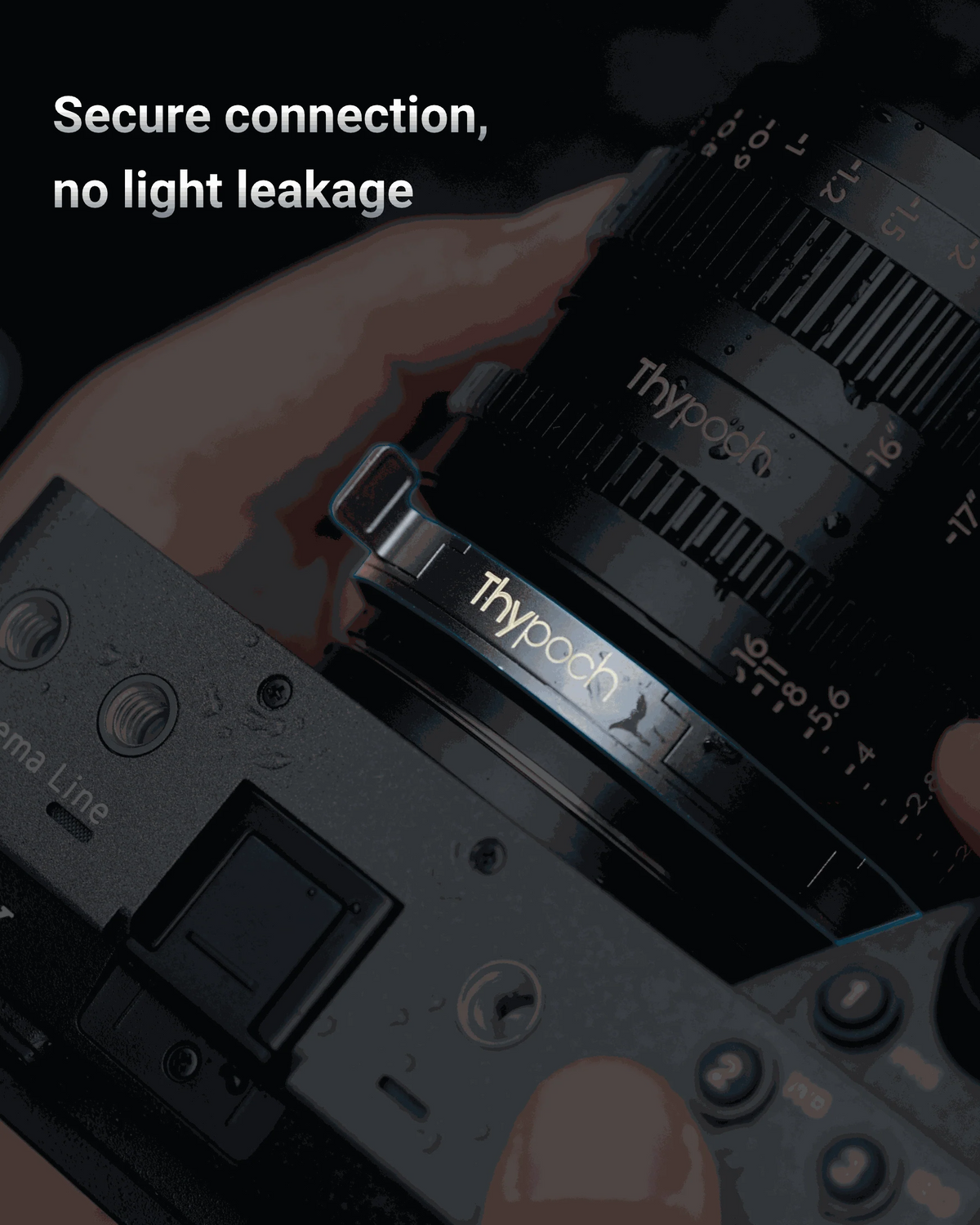 Thypoch adapter ring holding a cine lens on a camera, secure connection