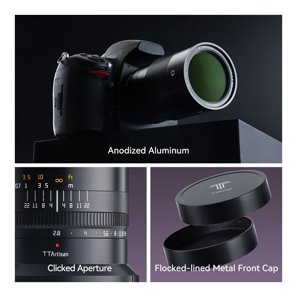 TTArtisan 100mm macro on a Nikon DSLR, clicked aperture ring and flocked metal front cap