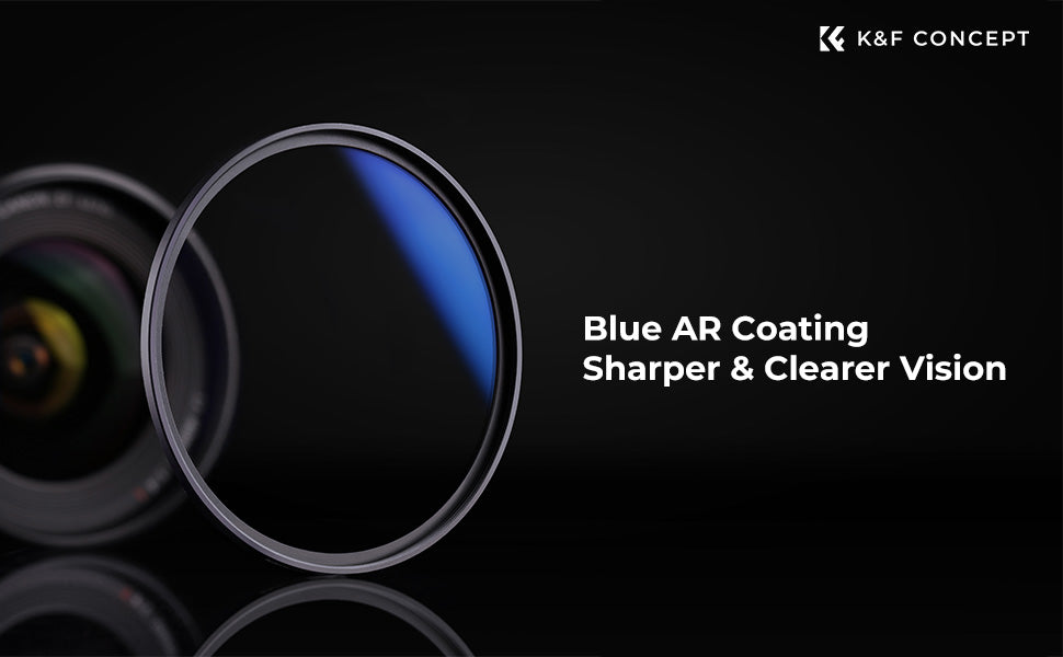 K&F Concept UV filter blue AR coating in front of a camera lens
