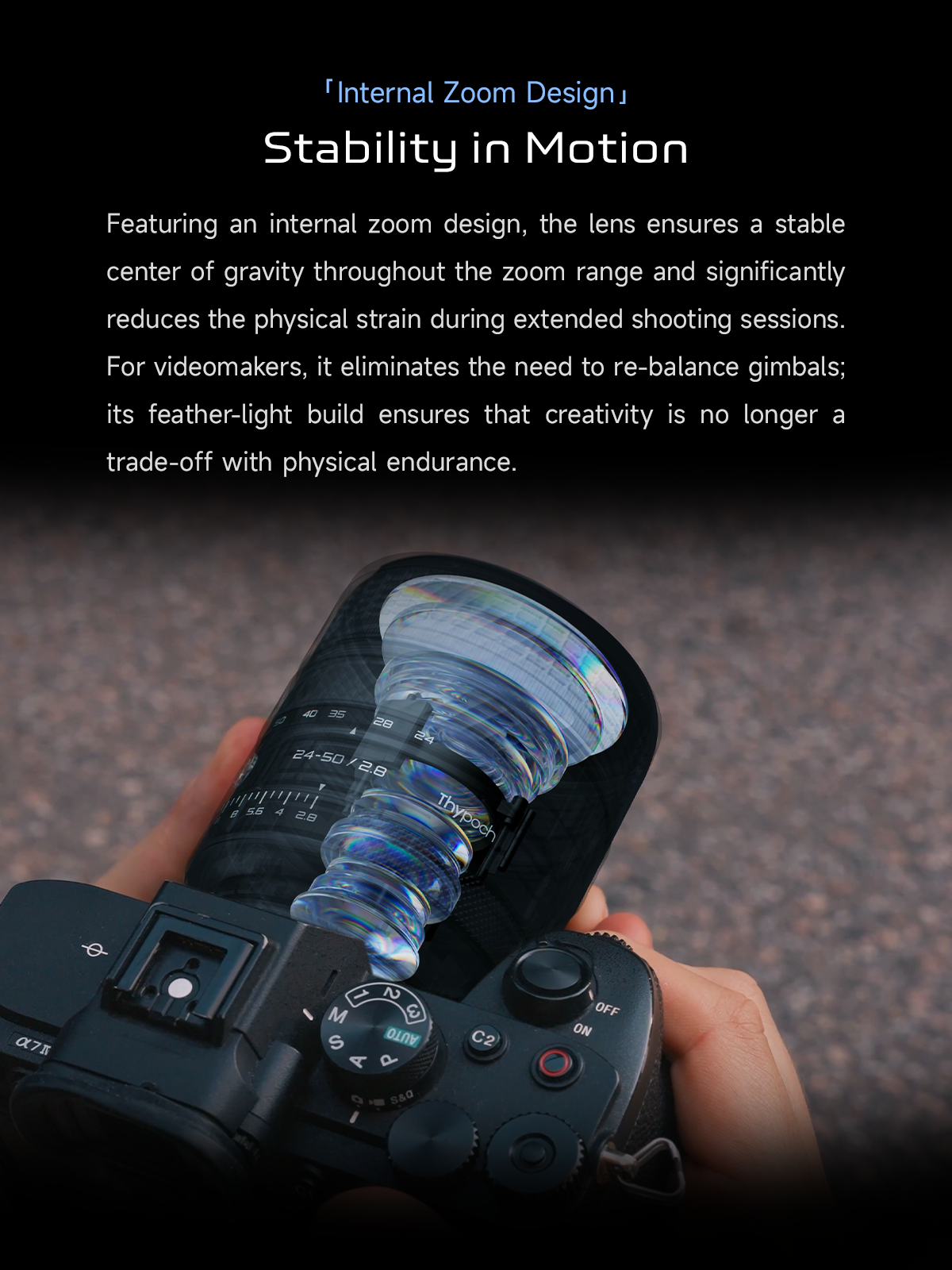 Thypoch Voyager 24-50mm f/2.8 internal zoom lens on a Sony A7 camera, cutaway of the optics