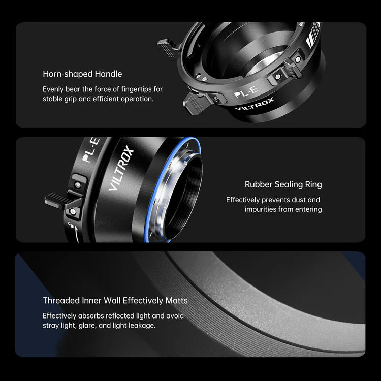 Viltrox Z-Move PL adapter close-ups: horn-shaped handle, rubber sealing ring and matt inner wall